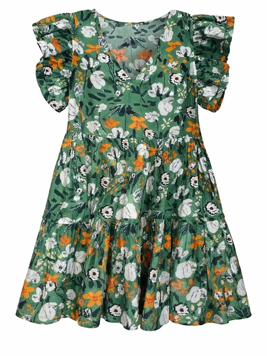 Green Floral Ruffle Sleeve Tiered Dress Size M Cotton Lined Boutique - Picture 2 of 8